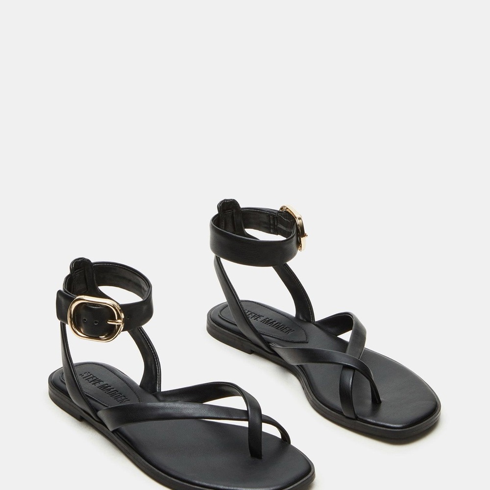 Steve Madden Black Leather Ankle-Strap Flat Sandals with Gold Buckle